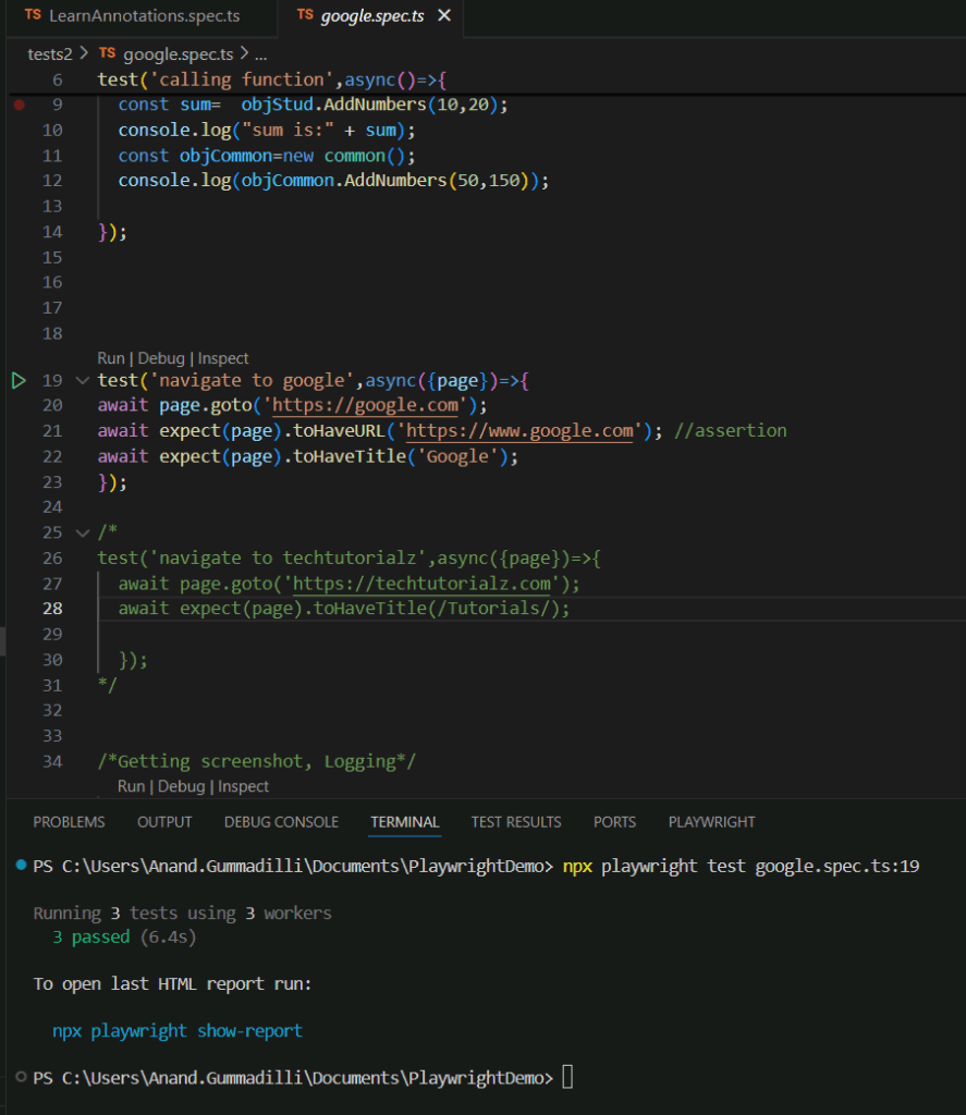 Run tests from Line number